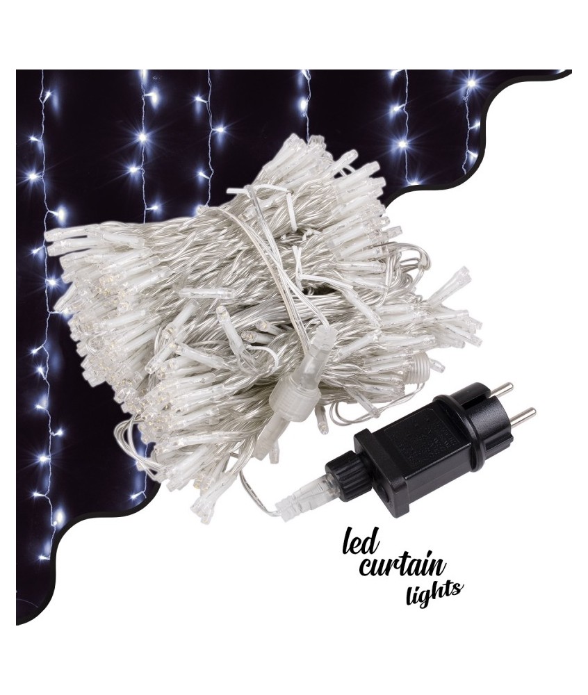 85831 Διακοσμητική Κουρτίνα 6 x 3 Μέτρα με Controller 8 Προγραμμάτων Εναλλαγών Φωτισμού - Επεκτεινόμενη 600 LED 6W AC 230V με Διάφανο Καλώδιο & Πρίζα Schuko Αδιάβροχη IP44 Ψυχρό Λευκό 6000K Μ6 x Υ3m